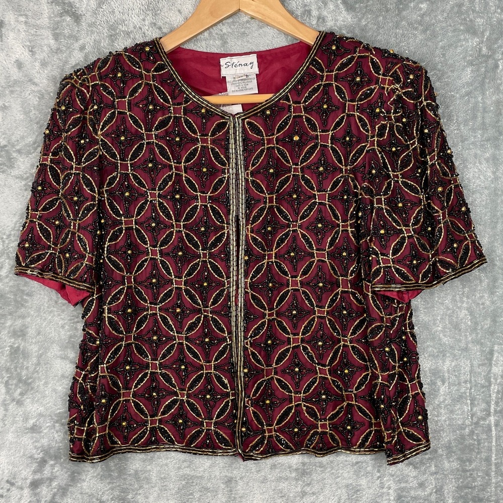 Vintage Silk Beaded Evening Stenay Jacket Womens M Formal Cardigan Red Black NEW